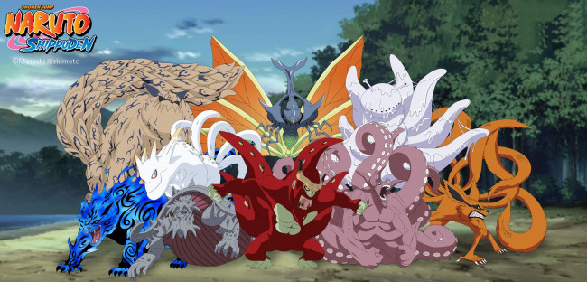 Обои картинки фото аниме, naruto, демоны, звери, лес, хвостатые