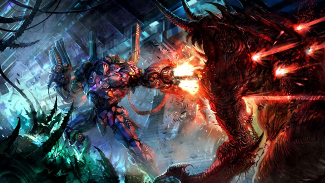 Обои картинки фото фэнтези, роботы,  киборги,  механизмы, существо, монстр, киборг, схватка, сражение