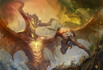 Картинка фэнтези красавицы+и+чудовища оружие стрелы копье лук арт gevurah-studios люди рога крылья монстр