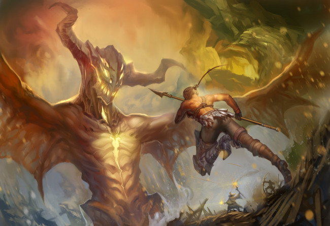 Обои картинки фото фэнтези, красавицы и чудовища, оружие, стрелы, копье, лук, арт, gevurah-studios, люди, рога, крылья, монстр