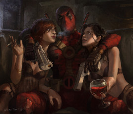 Картинка рисованное кино взгляд арт deadpool сигарета вино веселье девушки оружие маска костюм