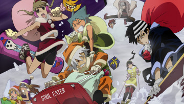 Картинка аниме soul+eater люди гора снег зима спуск скорость