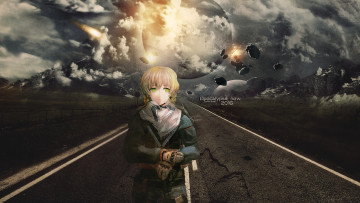 Картинка аниме steins gate небо дорога метеорит перчатки платок экипировка apocalypse suzuha amane разметка