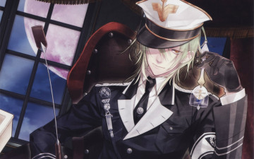 Картинка аниме unknown +другое art nagaoka kannu jikan парень военная форма погоны хлыст фуражка перчатки кресло окно луна