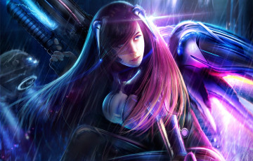 Картинка фэнтези девушки девушка оружие автомат крылья дождь