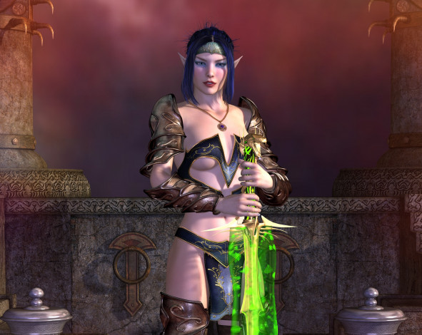 Обои картинки фото 3д графика, эльфы , elves, эльфийка, взгляд, фон, оружие