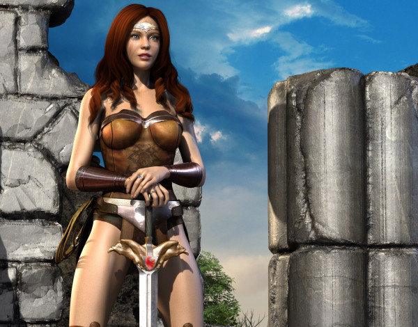 Обои картинки фото 3д графика, амазонки , amazon, оружие, фон, взгляд, девушка