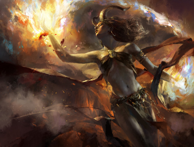 Обои картинки фото фэнтези, демоны, демонесса, огонь, рога, демоница, арт, фантастика