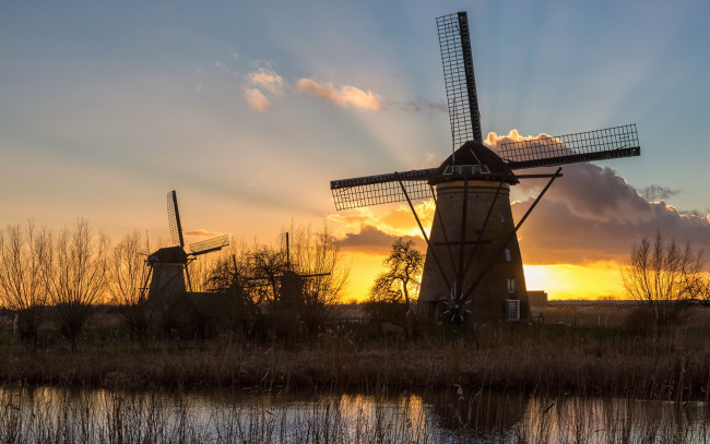 Обои картинки фото разное, мельницы, река, закат
