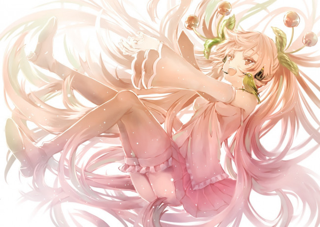 Обои картинки фото аниме, vocaloid, волосы, микрофон, птичка, наушники, вишенки, девушка, sakura, miku, арт