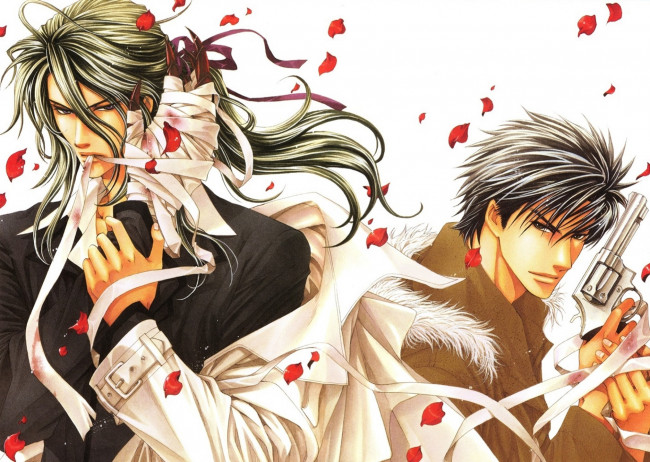 Обои картинки фото аниме, blood , лепестки, револьвер, бинты, кровь, плащ, парни, hagi