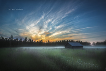 Картинка природа пейзажи дом лес рассвет луг