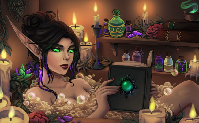 Обои картинки фото видео игры, world of warcraft, девушка, фон, ванна, пузыри, книга