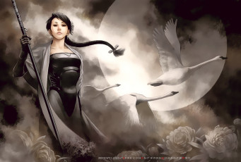 Картинка календари фэнтези лебедь луна цветы девушка взгляд calendar 2020