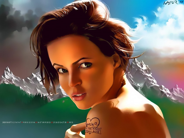 Обои картинки фото календари, рисованные,  векторная графика, девушка, взгляд, лицо, тату, скала, calendar, 2020