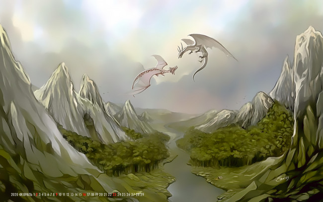 Обои картинки фото календари, фэнтези, 2020, calendar, двое, дракон, природа, скала, гора, водоем