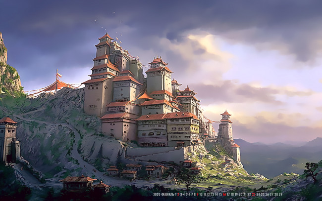 Обои картинки фото календари, фэнтези, 2020, здание, calendar, каменный, гора, город, дом