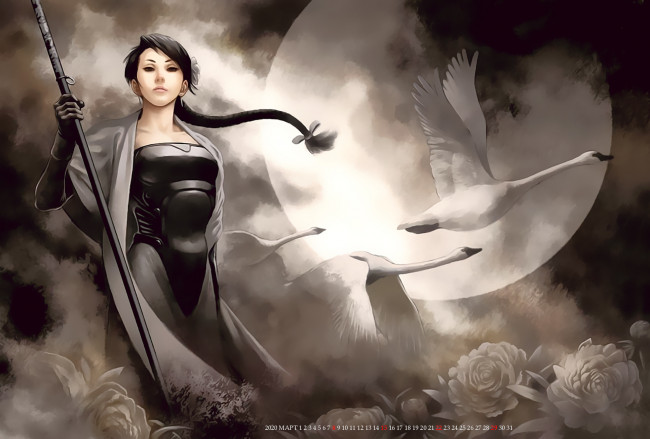 Обои картинки фото календари, фэнтези, лебедь, луна, цветы, девушка, взгляд, calendar, 2020