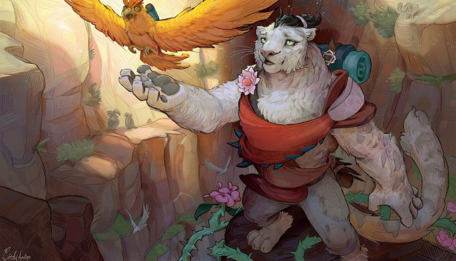 Обои картинки фото фэнтези, существа, существо, птица, скалы