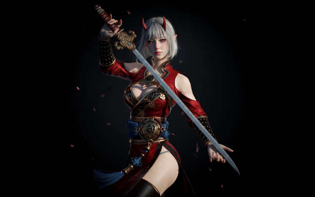 Обои картинки фото фэнтези, демоны, девушка, рога, меч