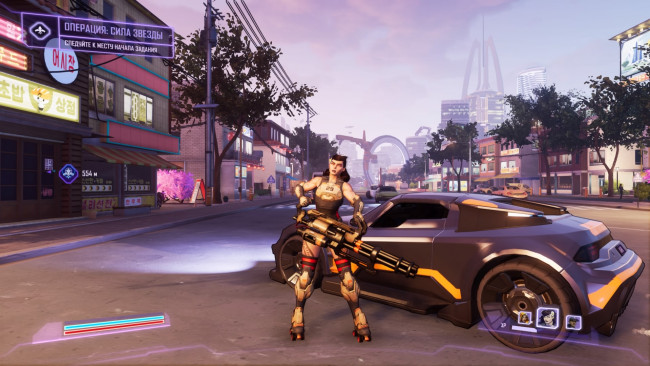 Обои картинки фото видео игры, agents of mayhem, девушка, оружие, машина, город