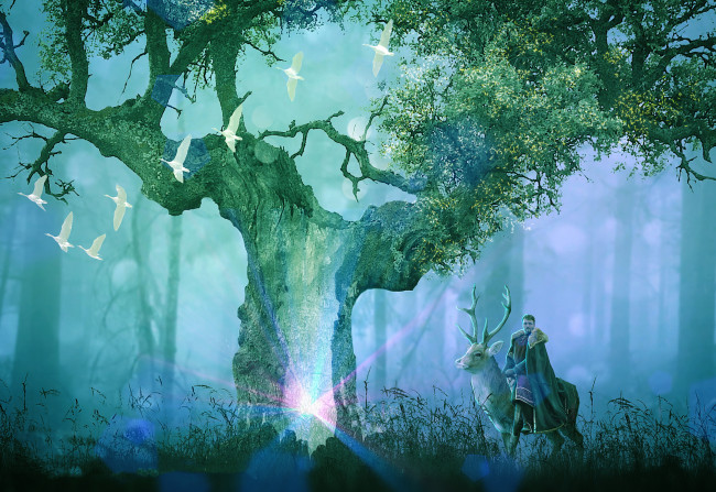 Обои картинки фото разное, компьютерный дизайн, мужчина, олень, дерево, лебеди