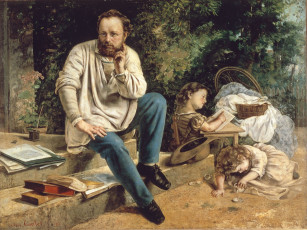 обоя pierre, joseph, proudhon, and, his, children, рисованные, gustave, courbet, шляпа, книги, ступеньки, девочка
