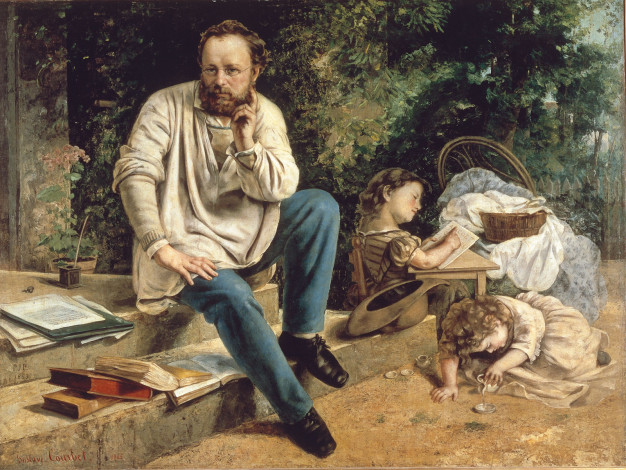 Обои картинки фото pierre, joseph, proudhon, and, his, children, рисованные, gustave, courbet, шляпа, книги, ступеньки, девочка