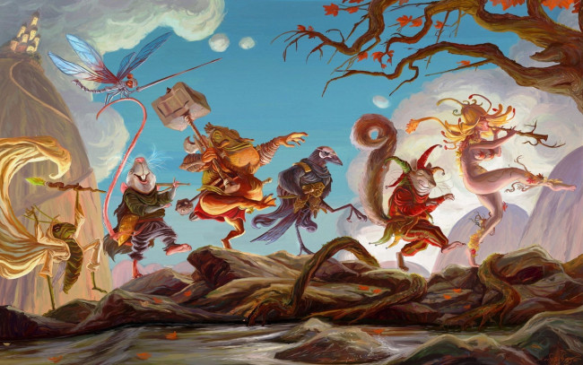 Обои картинки фото фэнтези, существа, стрекоза, ворон, крыса, кузнечик