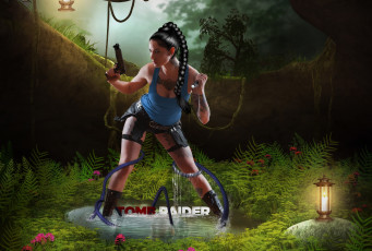 Картинка рисованные люди пистолет лампа свеча джунгли лара крофт веревка майка цветы тату коса фонарь