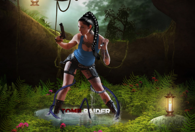 Обои картинки фото рисованные, люди, пистолет, лампа, свеча, джунгли, лара, крофт, веревка, майка, цветы, тату, коса, фонарь