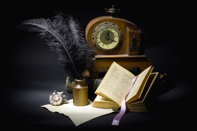 Обои картинки фото разное, канцелярия,  книги, перо, книга, часы