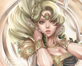 Картинка фэнтези девушки девушка арт диадема украшения круги браслеты воротник платье луки