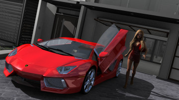 обоя автомобили, 3d car&girl, девушка, взгляд, фон, автомобиль