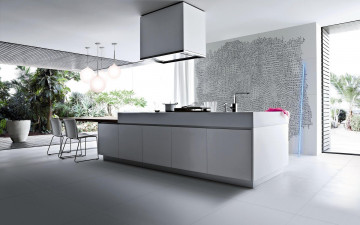 Картинка интерьер кухня стол цветы вытяжка панно утварь стулья