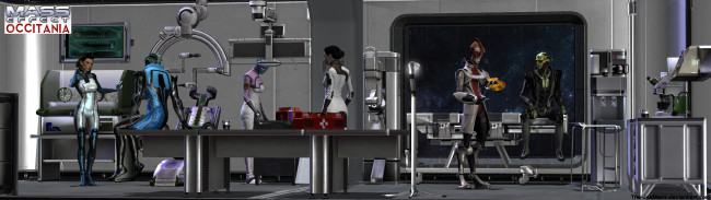 Обои картинки фото mass effect - occitania,  dae hyun and cassius, видео игры, фон, взгляд, девушки