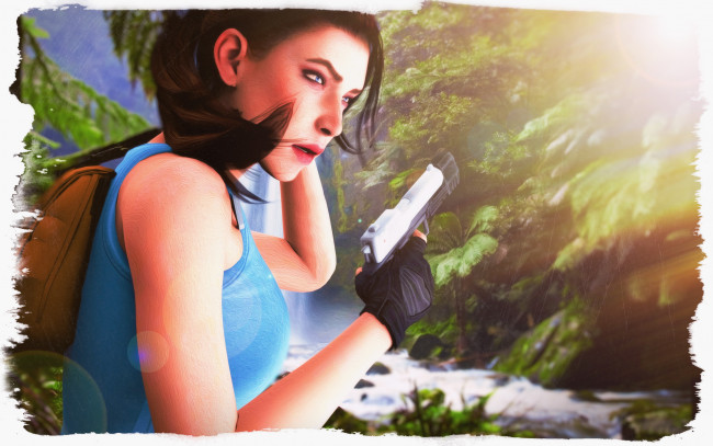 Обои картинки фото видео игры, tomb raider , other, девушка, фон, взгляд, пистолет