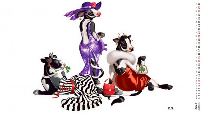 Обои картинки фото календари, рисованные,  векторная графика, сумка, корова, взгляд, шляпа, платье