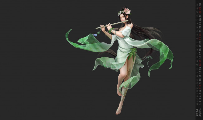 Обои картинки фото календари, фэнтези, девушка, взгляд, флейта