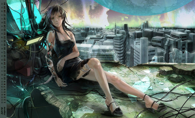 Обои картинки фото календари, фэнтези, здание, робот, взгляд, девушка