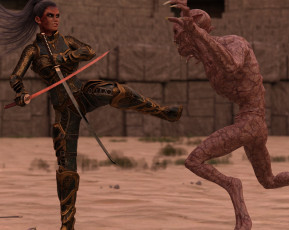 Картинка 3д+графика фантазия+ fantasy девушка оружие фон взгляд