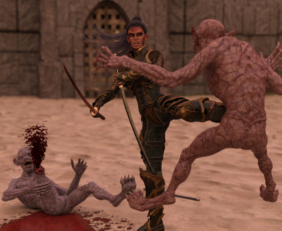 Обои картинки фото 3д графика, фантазия , fantasy, оружие, девушка, фон, взгляд