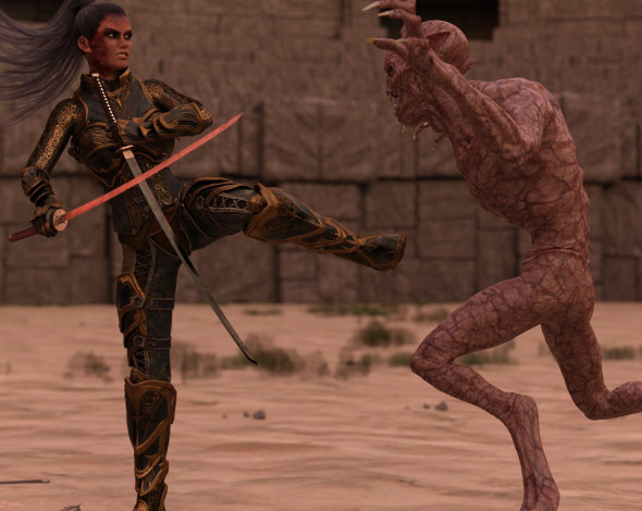 Обои картинки фото 3д графика, фантазия , fantasy, девушка, оружие, фон, взгляд