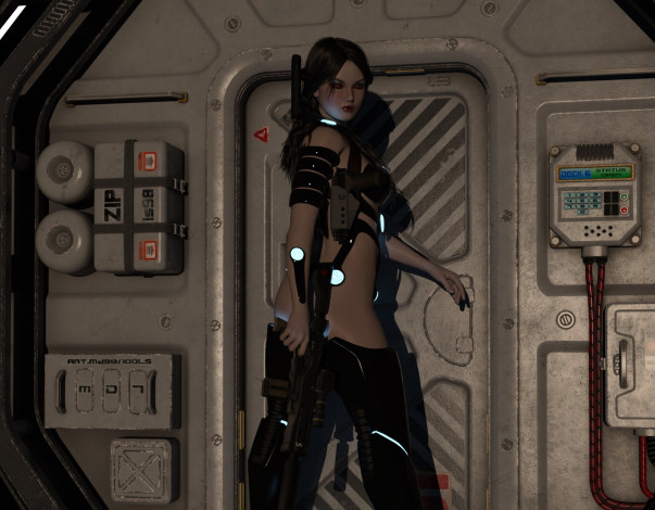 Обои картинки фото 3д графика, фантазия , fantasy, взгляд, девушка, оружие, фон