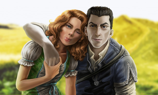 Обои картинки фото рисованное, люди, девушка, мужчина, фон, взгляд, язык