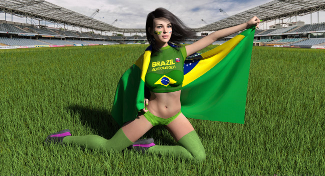 Обои картинки фото 3д графика, спорт , sport, девушка, фон, взгляд, униформа, поле, трава