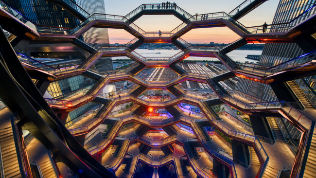 Обои картинки фото города, нью-йорк , сша, фотография, hudson, yards, vessel, нью, йорк, архитектура, город, сияние, заката