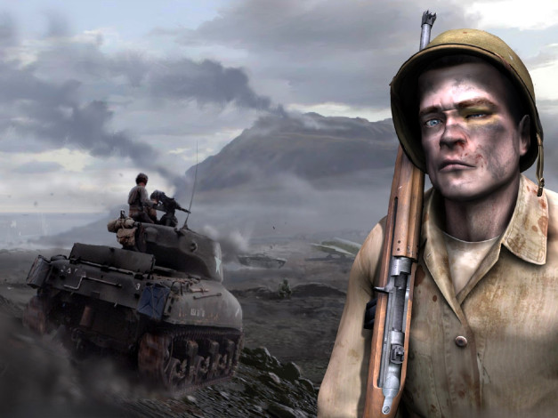 Обои картинки фото видео игры, medal of honor,  pacific assault, солдат, лицо, каска, ружье, танк, горы
