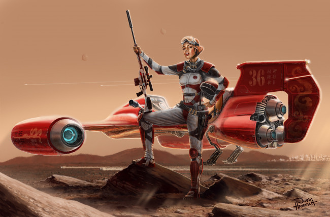 Обои картинки фото фэнтези, девушки, летательный, аппарат, флаер, пустыня, винтовка