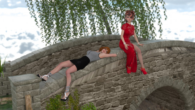 Обои картинки фото 3д, графика, people, люди, девушки, мост, дерево, отдых